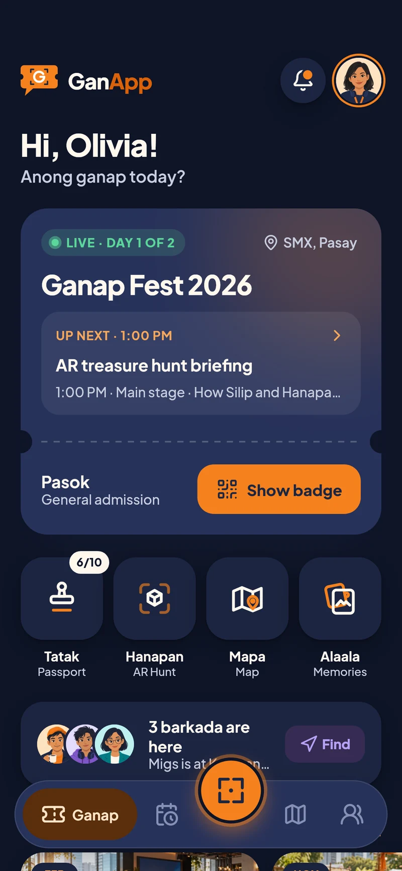 GanApp home: your event pass, activities, and barkada